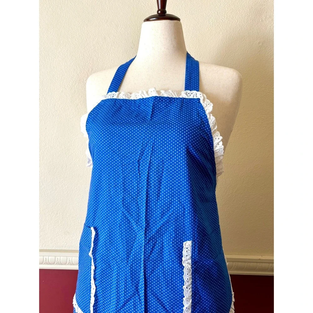 Handmade Blue Diamond Eyelet Lace Trim Bib Apron Pockets Retro Cottage 50s Style